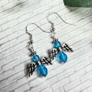 3/$18 Silver Angel Earrings - Turquoise Blue Faceted Glass Beads